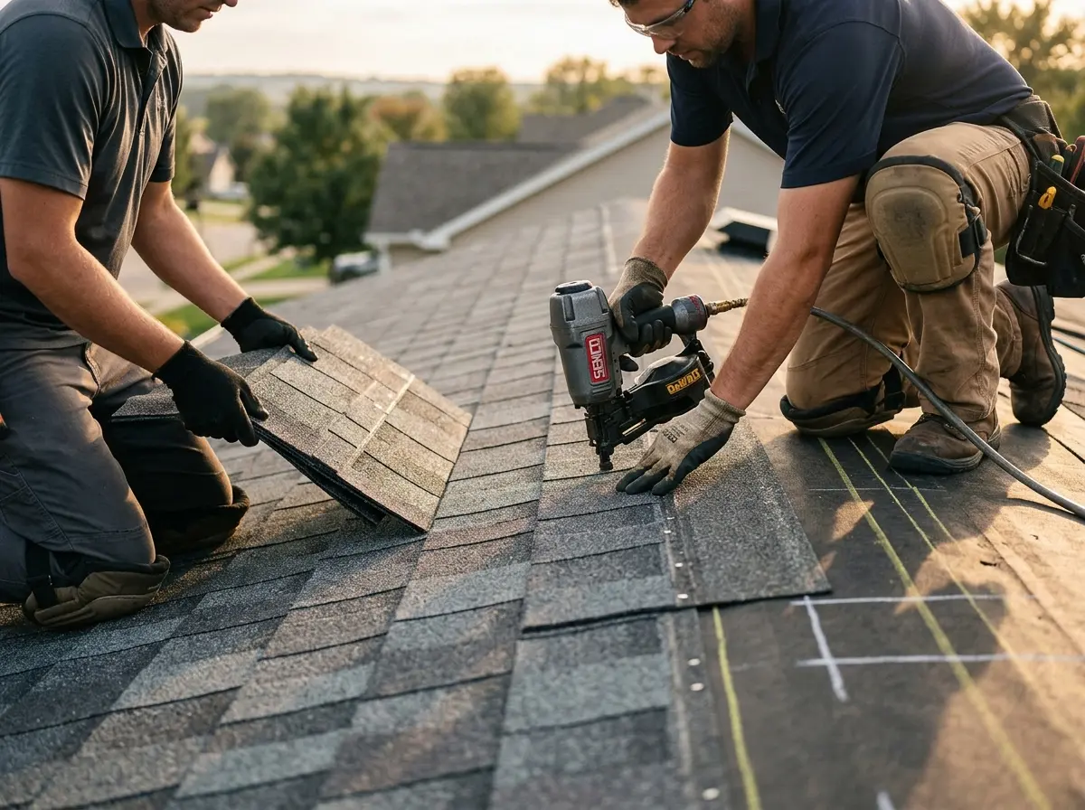 Professional roofer working on a residential roof in Medford